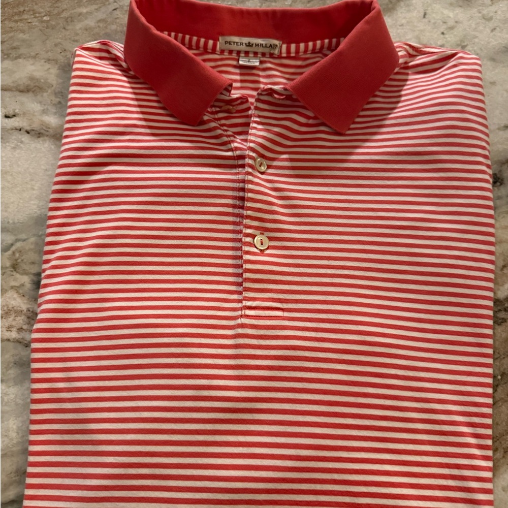 Peter Millar Coral Striped Men's Polo Shirt Size Large